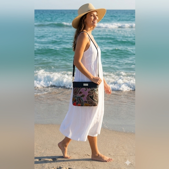 Spartina 449 Handbags - Spartina 449 Cora Hipster Crossbody Multicolored Linen & Black Leather NWOT